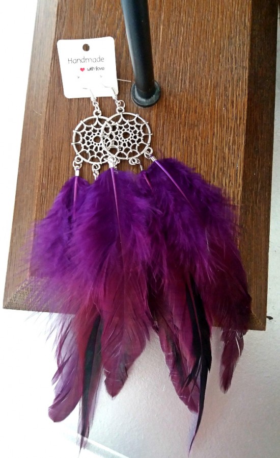 Boho hippie dreamcatcher oorbellen met paarse veren ibiza