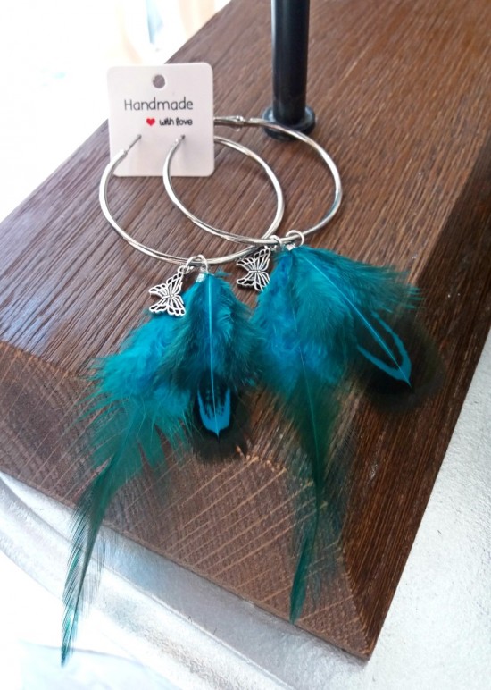 Boho hippie oorbellen met zeegroene veren ibiza style sieraden feather hoop earrings