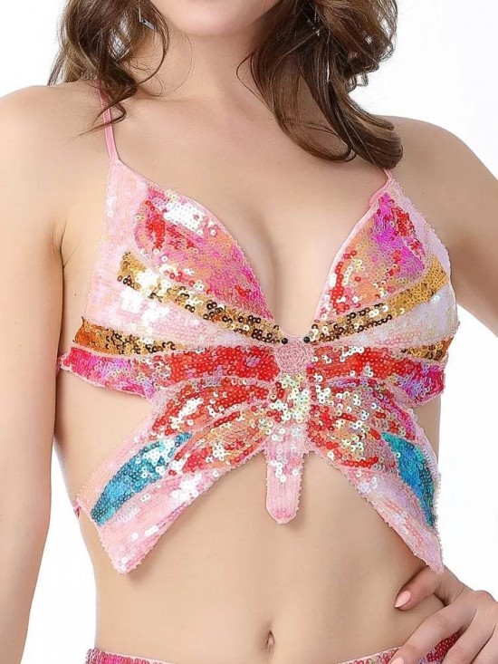 Festival vlinder topje met pailletten butterfly sequins top babyroze rood