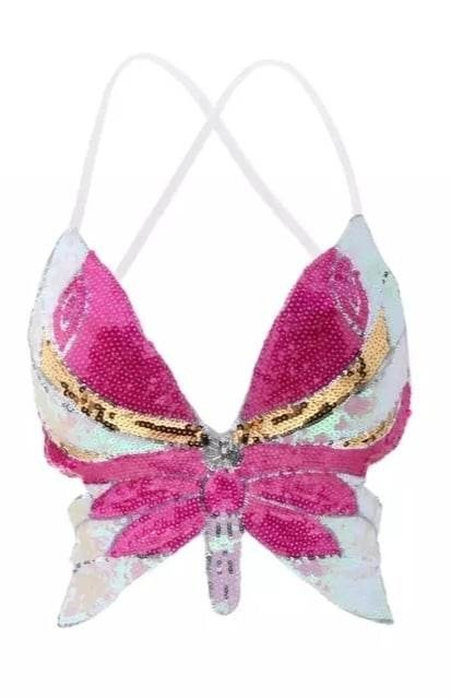 Festival vlinder topje met pailletten butterfly sequins top fuchsiaroze wit