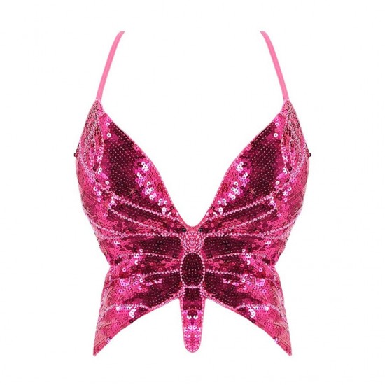 Festival vlinder topje met pailletten butterfly sequins top fuchsiaroze