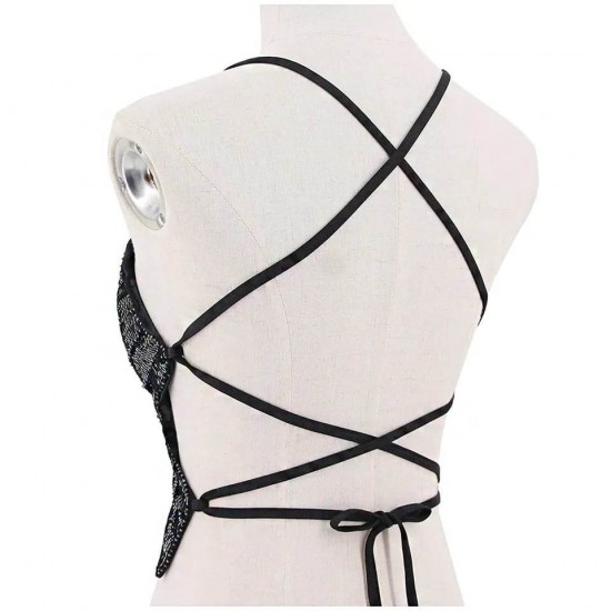 Festival vlinder topje met pailletten butterfly sequins top rugzijde zwart