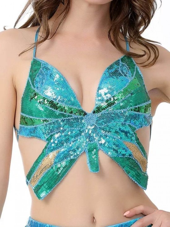 Festival vlinder topje met pailletten butterfly sequins top turkooise groen