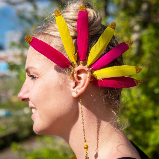 Handgemaakte boho hippie veren oorhaak tropical lemonade handmade feather earcuff