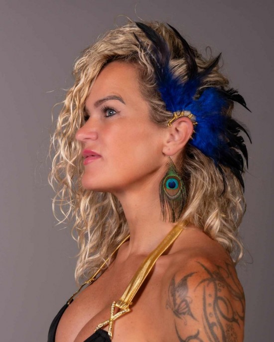 Handgemaakte veren oorhaak blauw handmade feather earcuff festival accessories 2