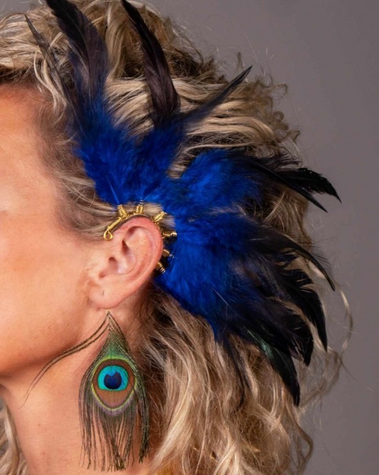 Handgemaakte veren oorhaak blauw handmade feather earcuff festival accessories
