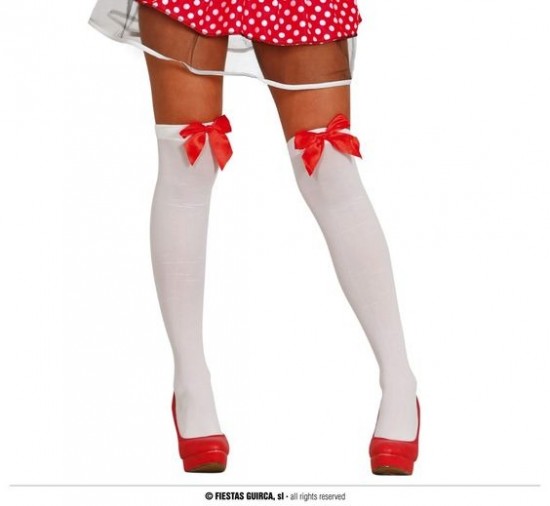 Witte effen overknee kousen met rood strikje
